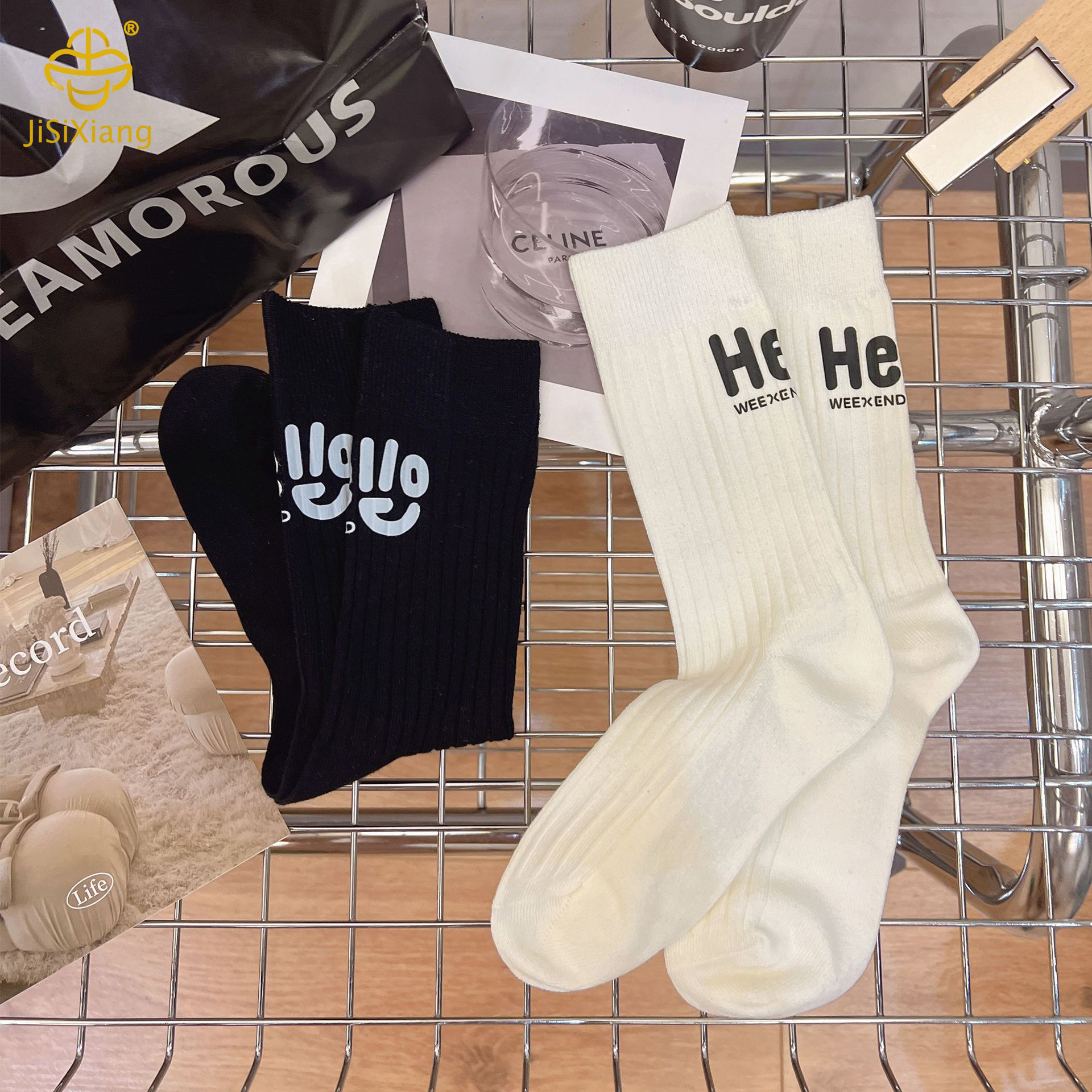 version letter vertical stripe black and white mid tube socks version letter vertical stripe black and white mid tube socks