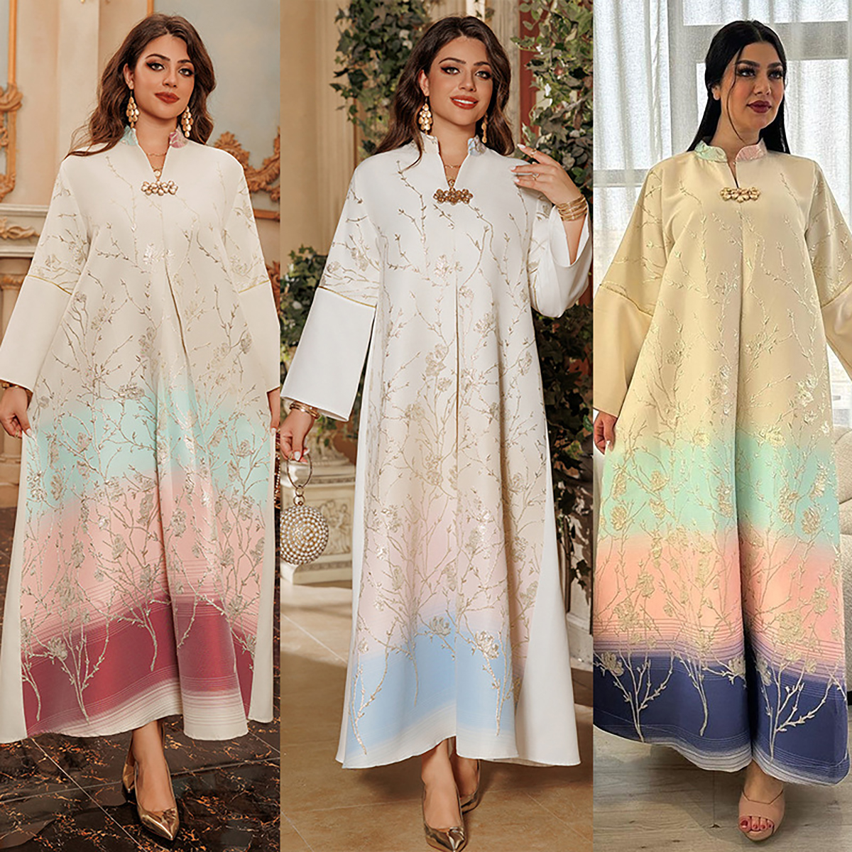 Gradient Embroidery Muslim Dress Detail Gradient Embroidery Muslim Dress with floral embroidered details