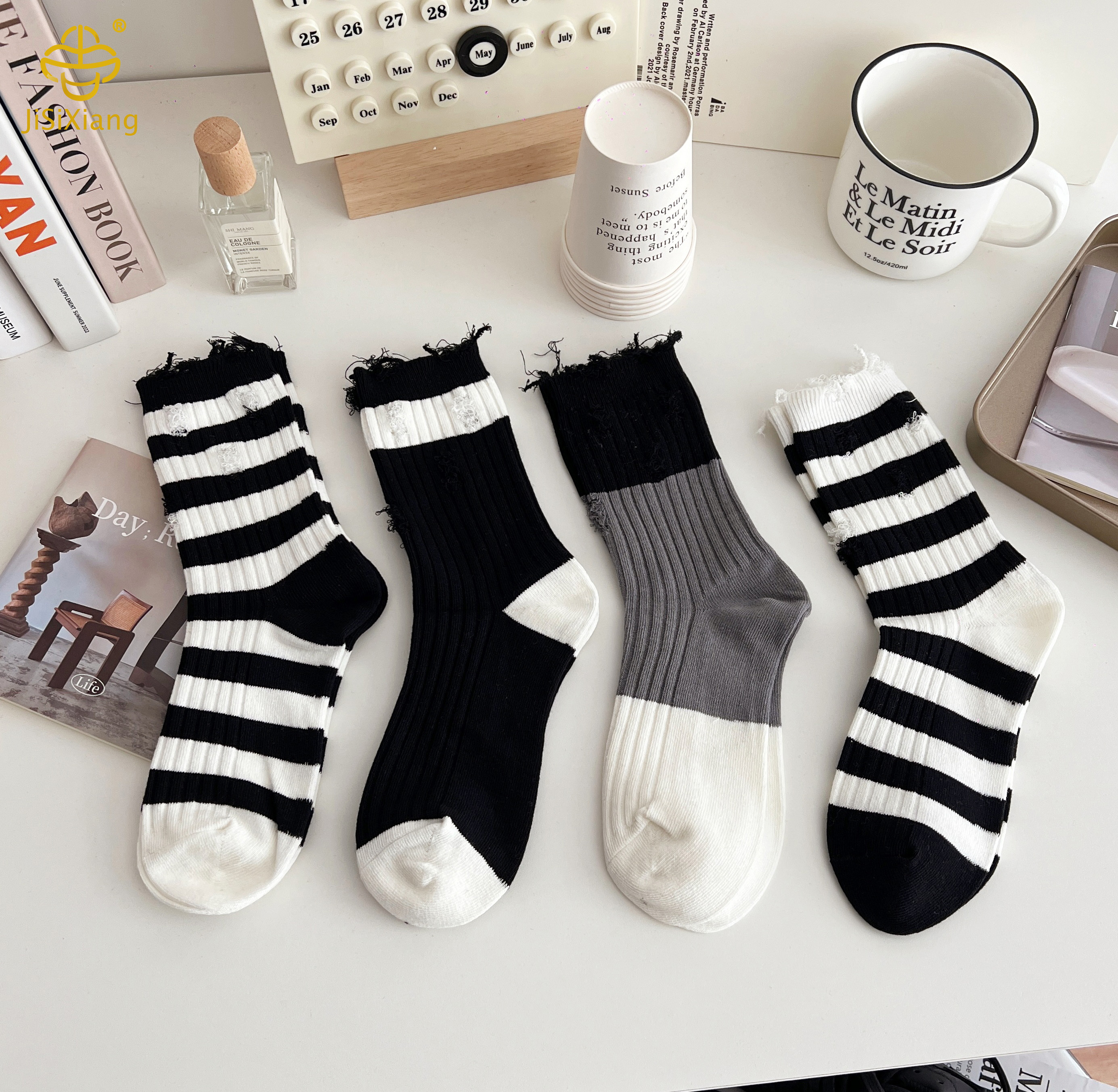 Black and white striped double needle socks Black and white striped double needle socks