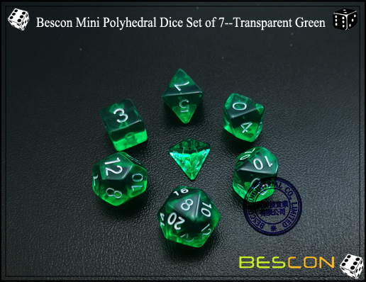 Juego de dados Bescon Mini Polyhedral de 7 - Verde transparente-3 Bescon Mini Polyhedral Dice Set of 7--Transparent Green-3
