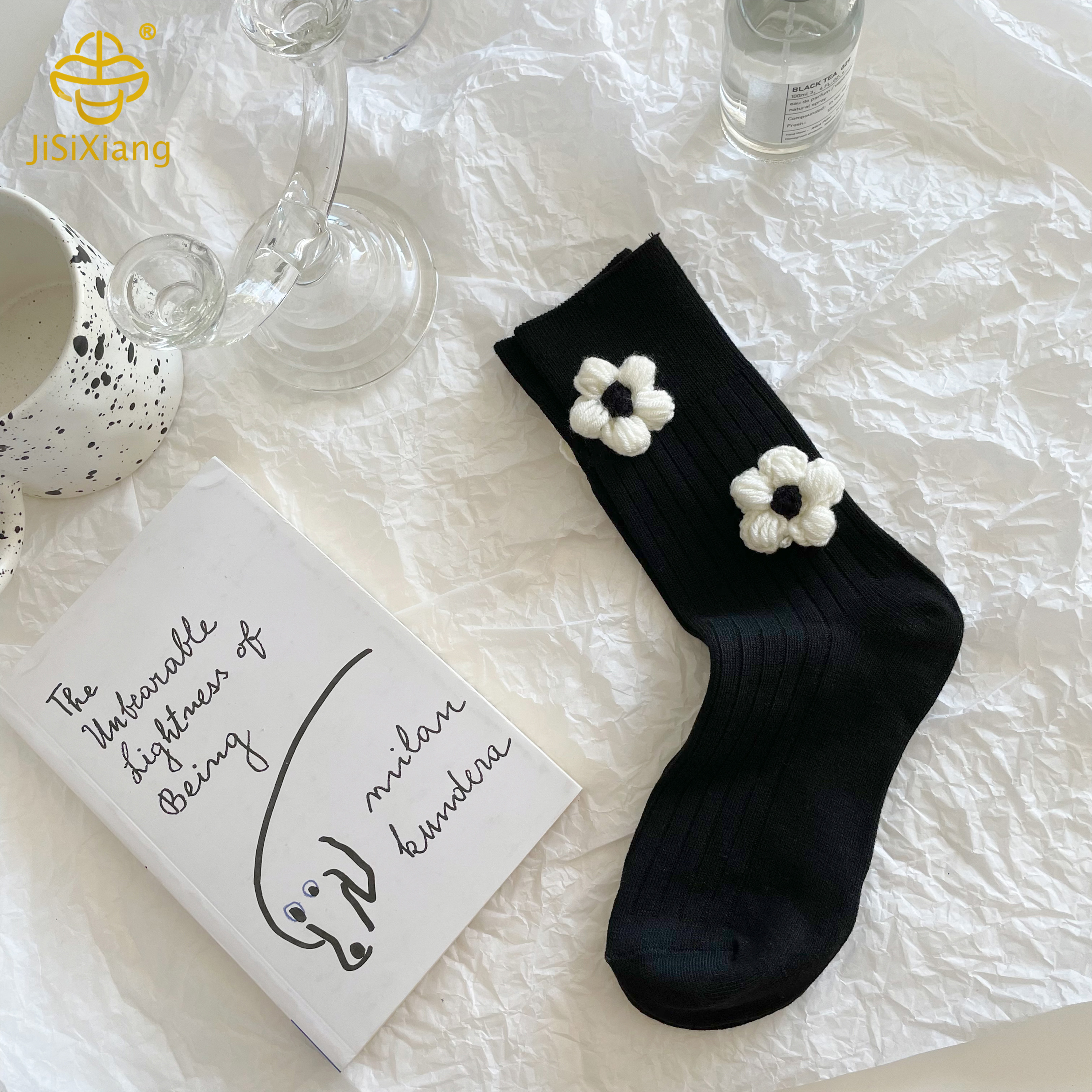 black three-dimensional flower tube ins autumn and winter styles black three-dimensional flower tube ins autumn and winter styles