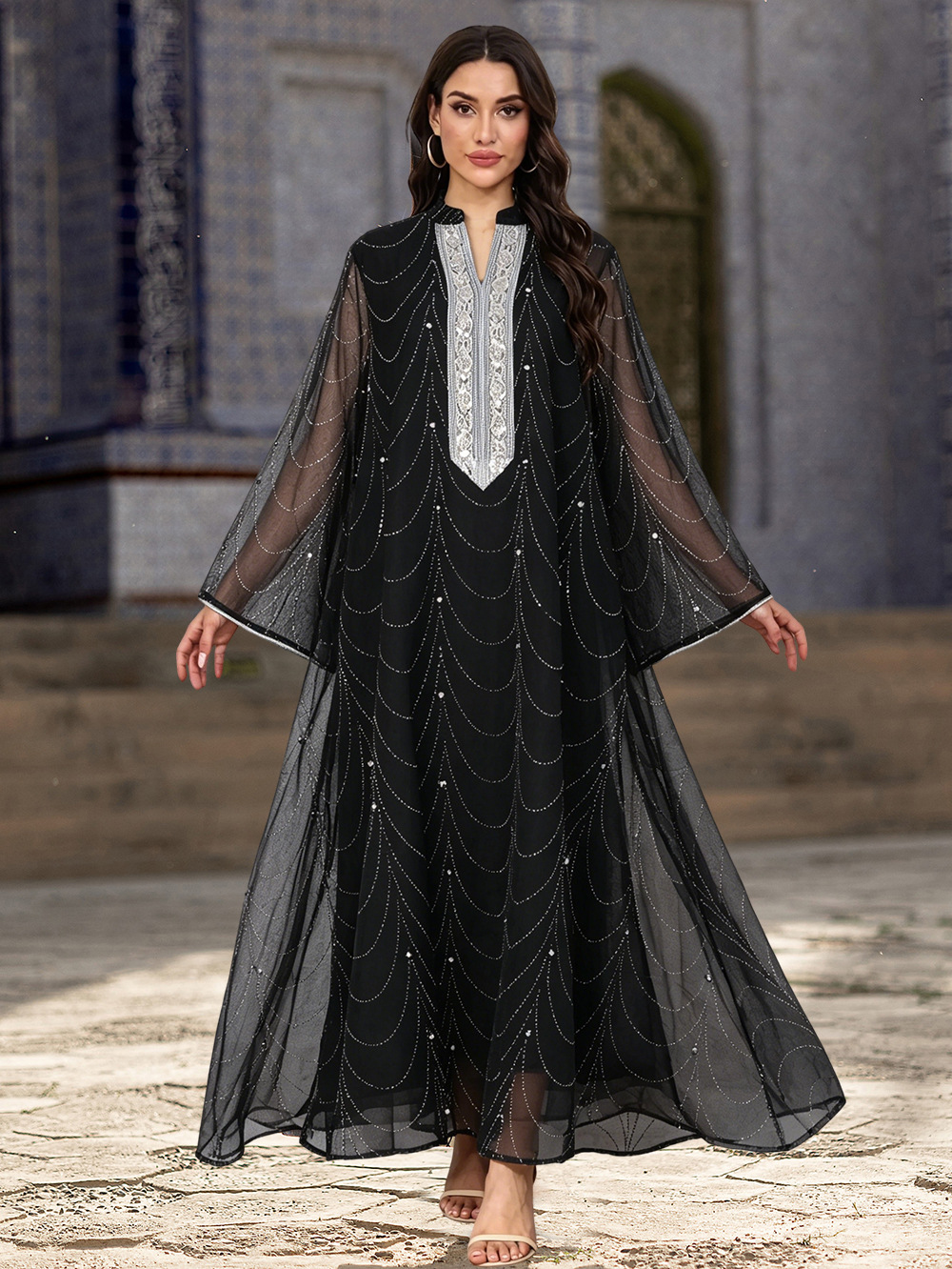 Beaded Turkish Abaya Long Dress Detail Beaded Turkish Abaya Long Dress Detail