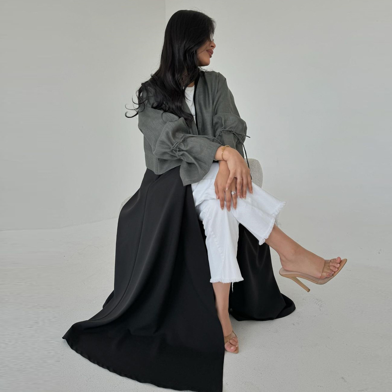 Modern Drawstring Sleeve Open Abaya Cardigan (3) Drawstring Sleeve Modest Open Abaya Cardigan