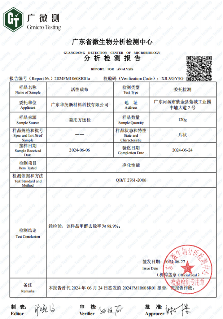 HMFD400-KM Multifunctional Activated Carbon Filter Fabric Antiviral Report HMFD400-KM Multifunctional Activated Carbon Filter Fabric Antiviral Report