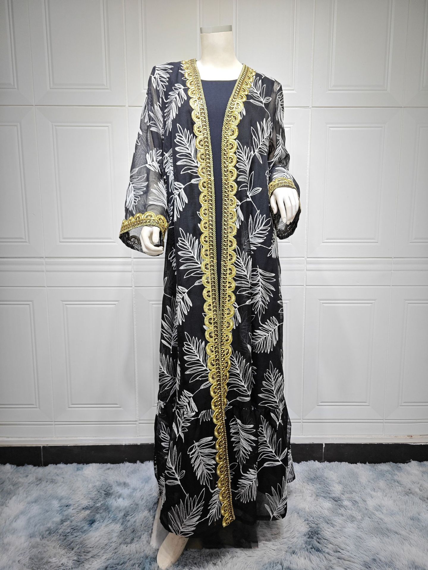 Gold Trim Mesh Embroidered Two Piece Abaya Detail Mesh Embroidered Two Piece Abaya with Gold Trim Detail