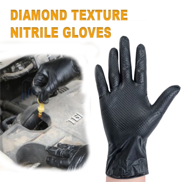 Wholesale Waterproof Thickened Powder Free Food Grade Black Orange Diamond Grip Nitrile Gloves3