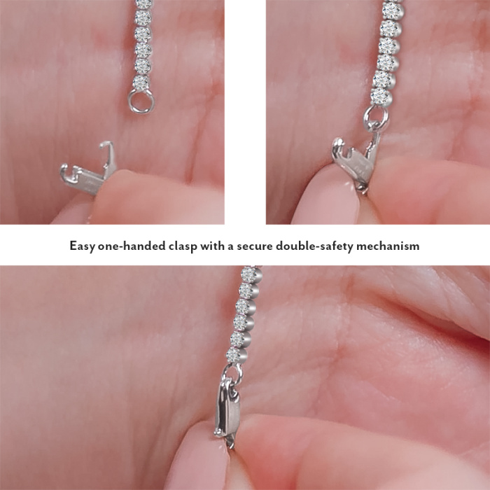 Close-up of FLB-011 one-handed double safety clasp mechanism on round lab diamond tennis bracelet