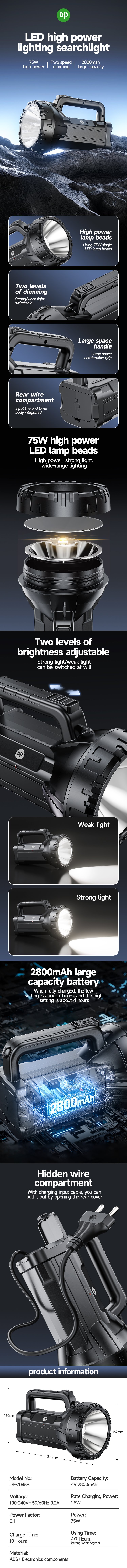 Powerful LED Rechargeable Searchlight Outdoor Camping Hunting detail Powerful LED Rechargeable Searchlight Outdoor Camping Hunting detail