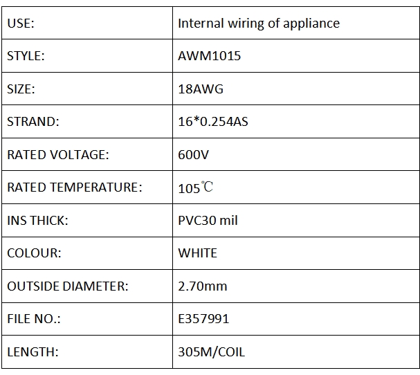 PVC ELECTRIC WIRE UL1015 18# WHITE PVC ELECTRIC WIRE UL1015 18# WHITE