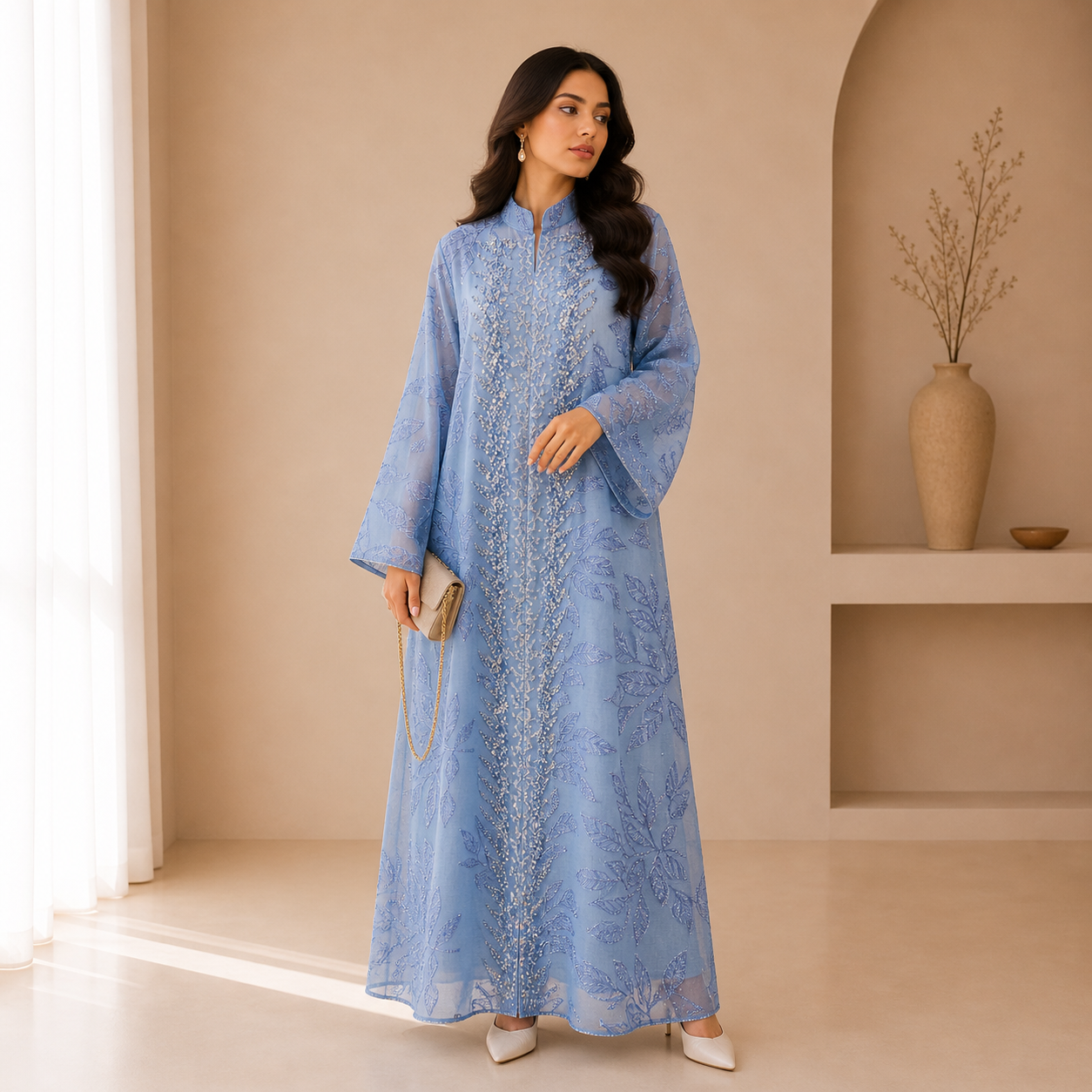 Elegant Embroidered Mesh Abaya Full View Elegant Embroidered Mesh Abaya Full View