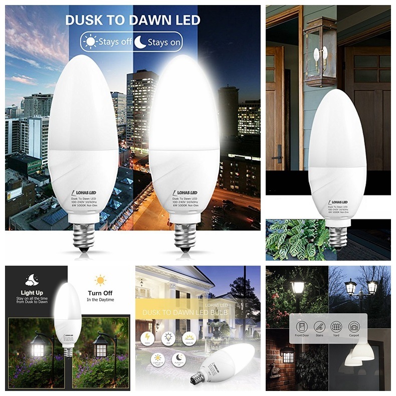 6W Light Sensor Candelabra Light Dusk Till Dawn Sensor Candle Bulb for Home Security