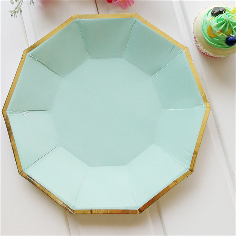 8PCS/Bag Gold Mint Green Disposable Tableware Party Paper Plates Cups Straw Birthday Party Xmas Festival Paper Napkins Tableware