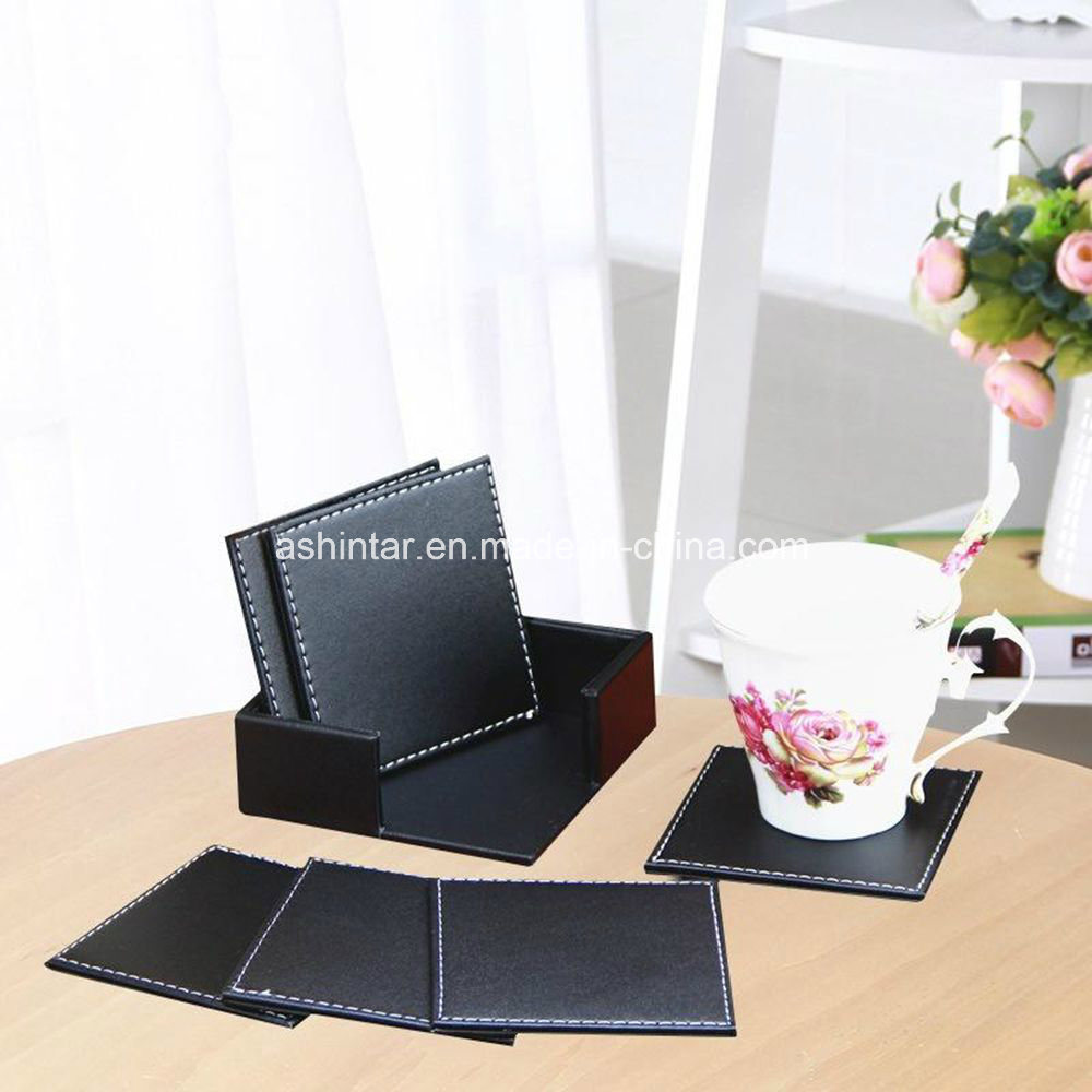 6PCS/Set Double-Deck Leather Coasters Set Placemat of Cup Coaster Holder Coffee Drink Placemat