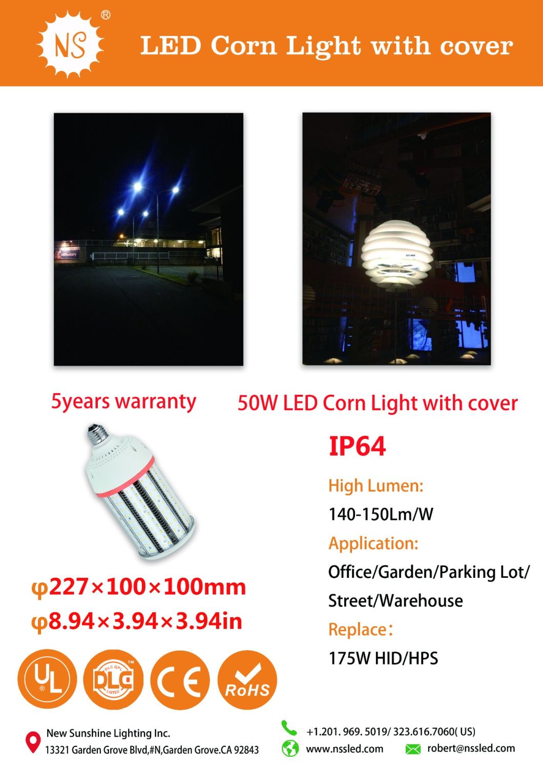 UL Dlc IP65 7500lm E27 E40 50W LED Corn Bulb