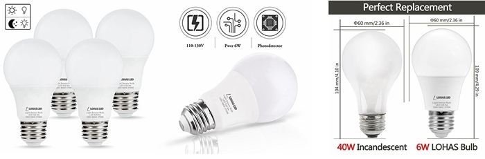 E26 E27 B22 Warm White (2700K) 6W Dusk to Dawn Sensor Light Bulb for Indoor Outdoor Lighting