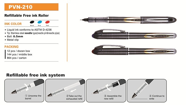 Office Stationery Plastic Roller Pen Pvn210 Refiller 0.55mm Needle Tip