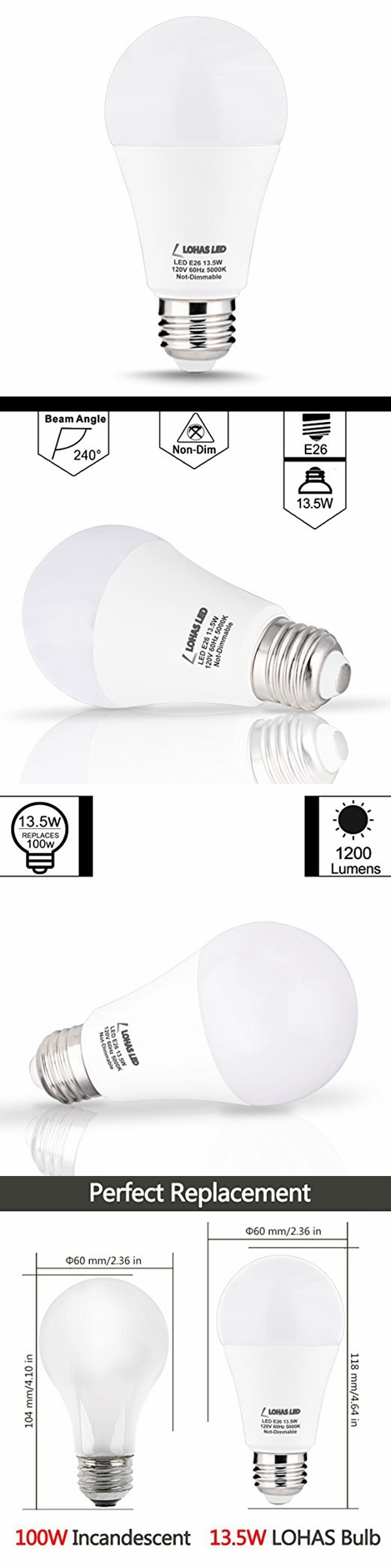 Non-Dimmable A19 Bulb 13.5W 100W Equivalent LED Light Bulbs Daylight White 5000K with UL Listed