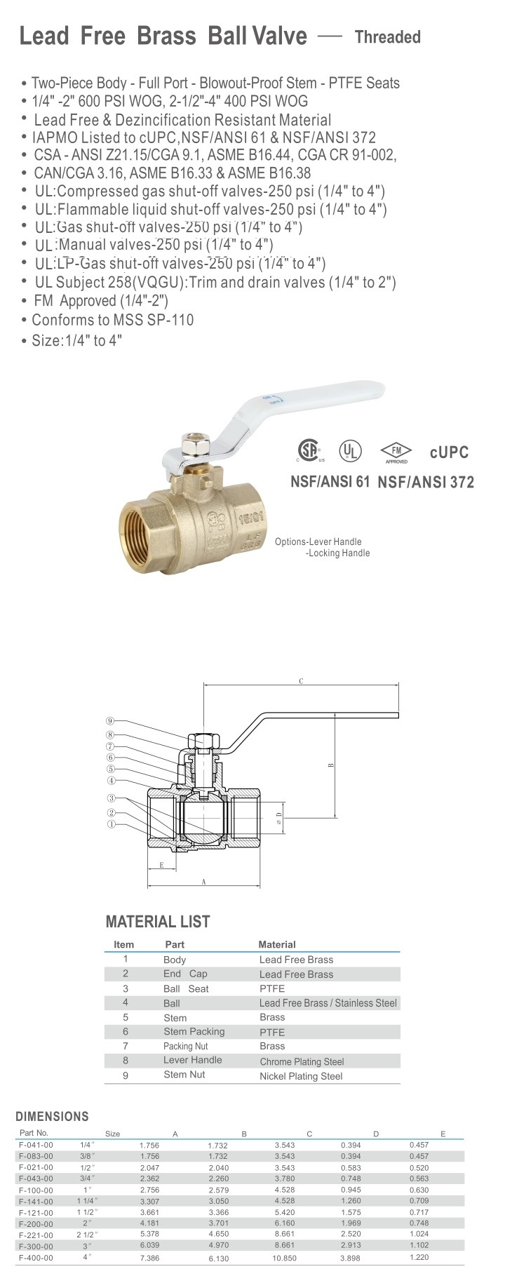 CSA UL Lead Free Brass Ball Valve