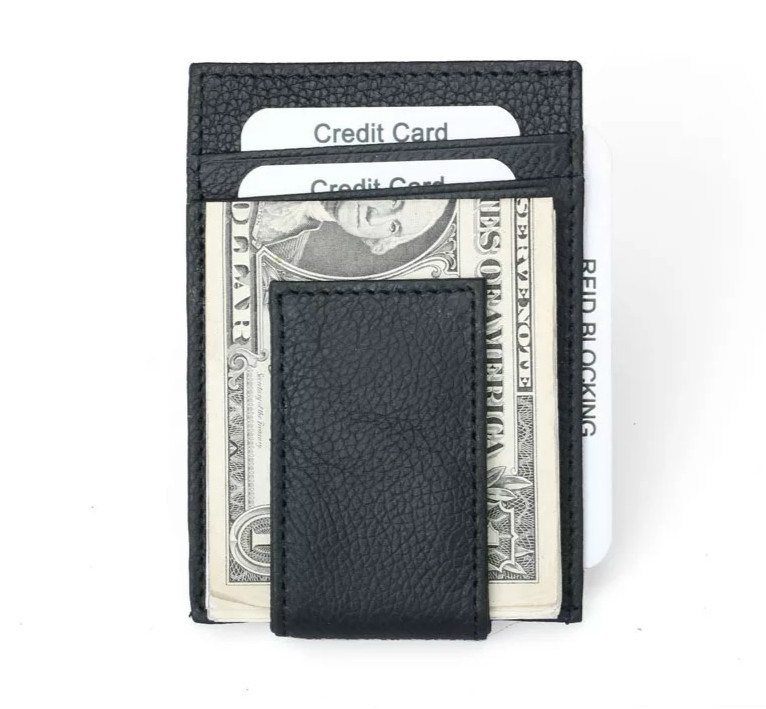 Genuine Cow Leather Anti RFID Credit Card Holder Wallet with Magnet Money Clip