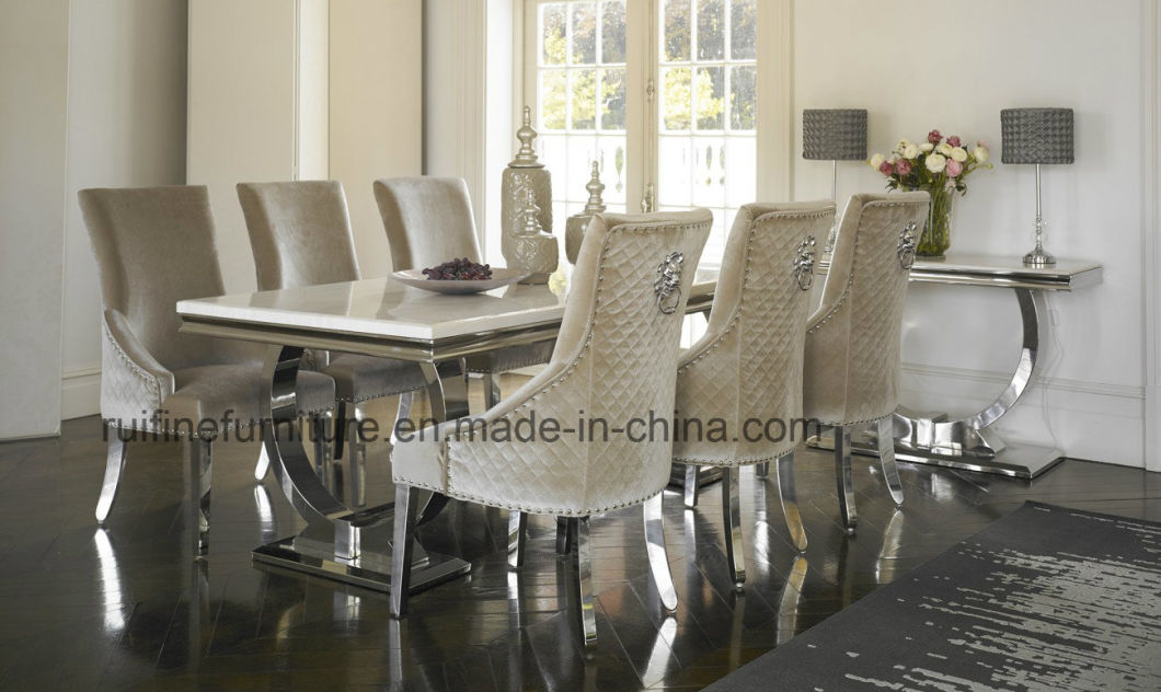 Modern Solid Marble Dining Table Stainless Steel and Italian Cream Velvet Fabric Chairs