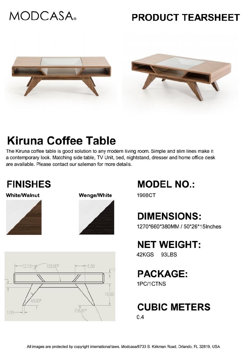 New Rectangular Modern Style Wood & Glass Kiruna Coffee Table