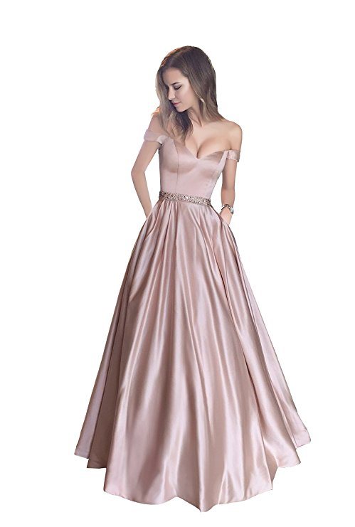 off The Shoulder Beaded Satin Evening Prom Dress with Pocket Customized Gowns