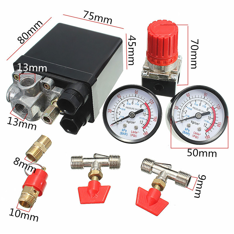 Air Compressor Pressure Valve Switch Manifold Relief Regulator Gauges 180psi 240V 45X75X80mm Popular