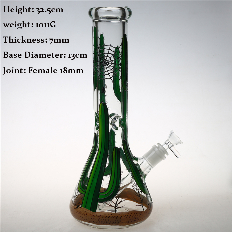 Borosilicate Glass Water Beaker Pipe with Cactus Hand Drawing Bo-387