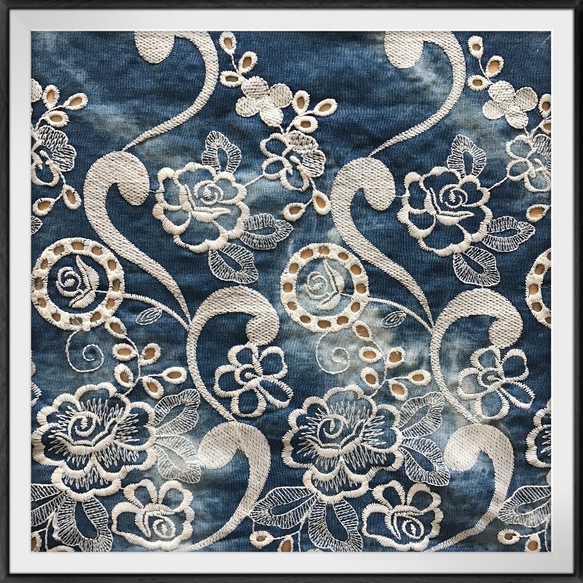 Tie-Dyed Woven Denim Fabric Polyester Eyelet Embroidery Lace Fabric