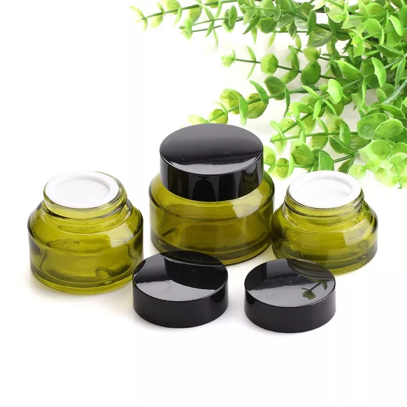 15g 30g 50g Olives Green Glass Cream Jars Cosmetic Packaging with Lid Black Plastic Caps & Inner Liners Round Empty Small Glass Jar Pot