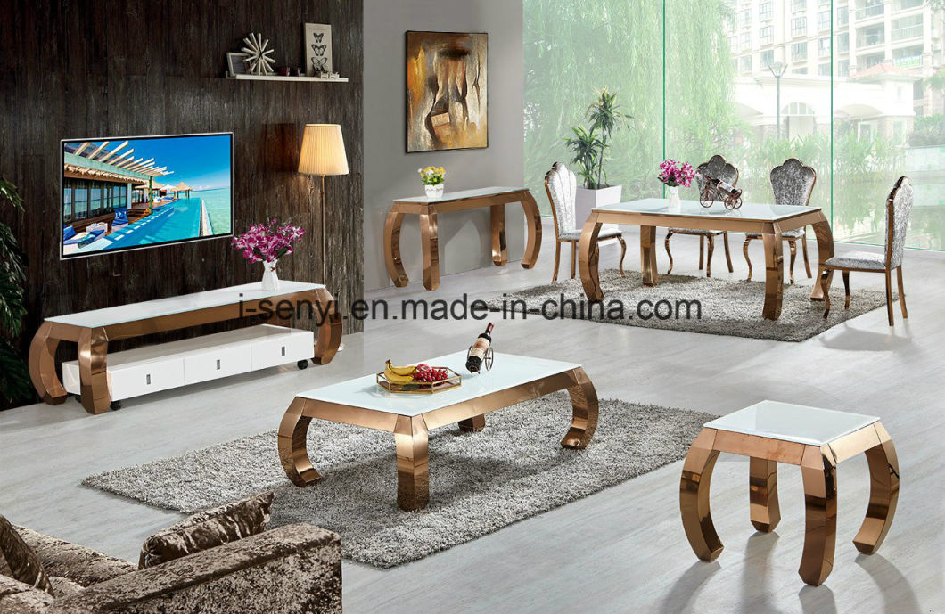 Gold Plated Living Room Furniture White Tempered Glass Top Stainless Steel Coffee Table