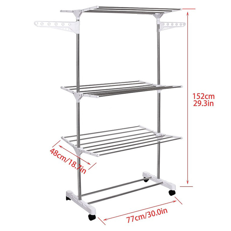 Jr-Cr511 White Three Tier Mobile ABS Plastic 201 Stainless Steel Laundry Drying Rack