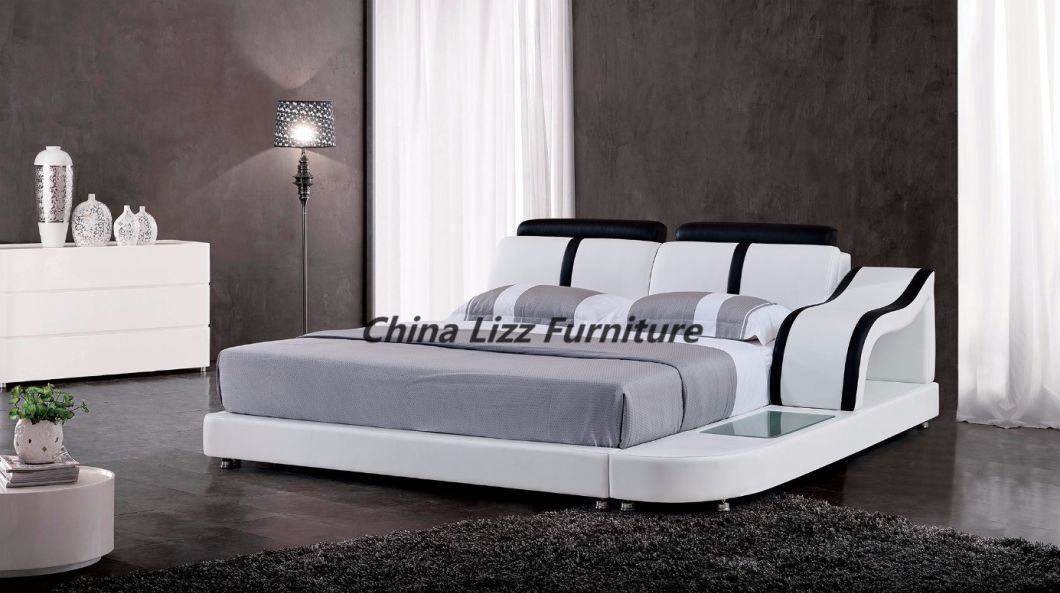 Divany White Leather Double Bed with LED Lighting