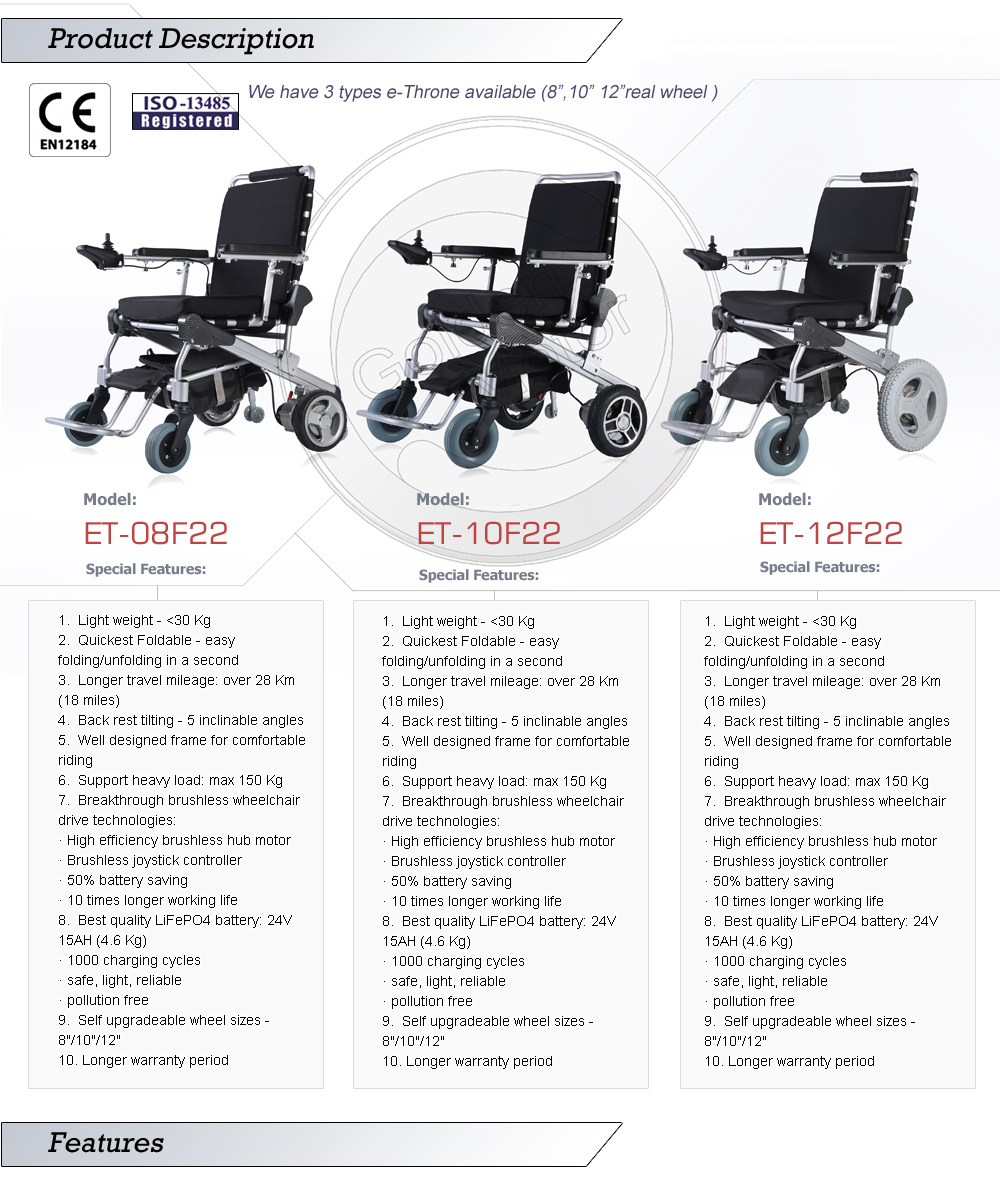 8'', 10'', 12'' Electric Brushless Foldable Power Wheelchair with LiFePO4 Battery