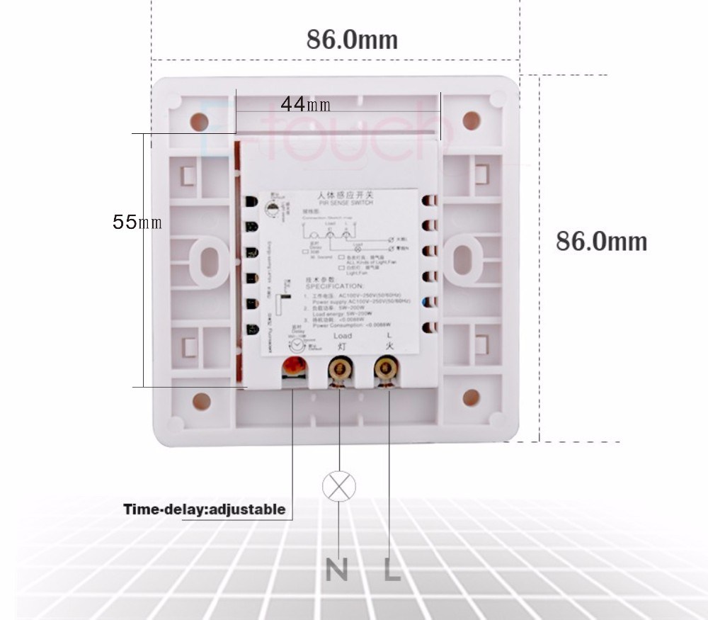 110V~220V Time-Delay Adjustable Ambient Light Adjustable Wall Mounted PIR Motion Sensor Light Switch