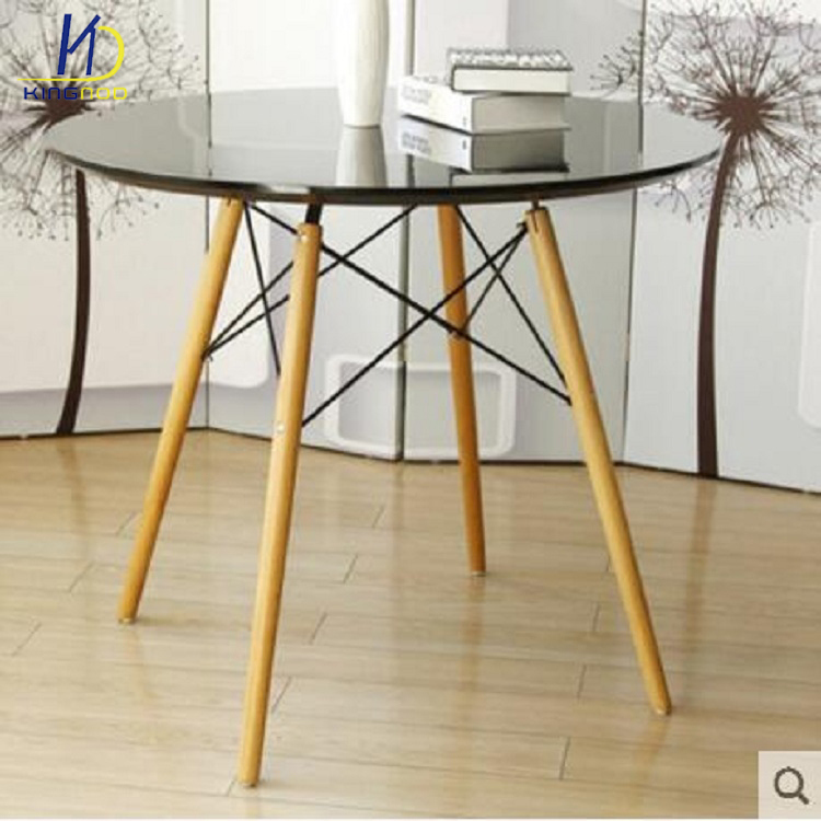 Replica Eames Round 120cm Glass Dining Table - Metal and Beech Wooden Leg