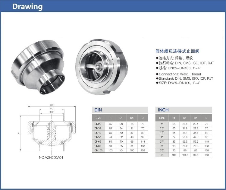 Sanitary Ss 304 Welding Check Valve Nut Connection of Valve Body