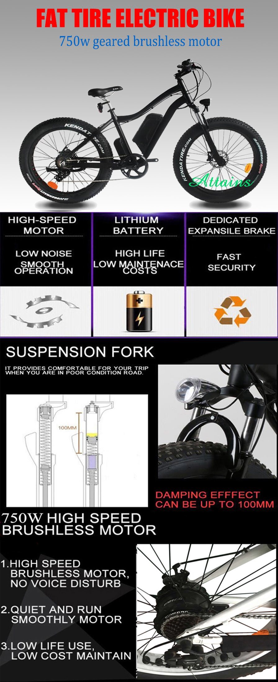 250W Snow Mountain Motorized Bicycle 26*4 Tyre High Speed Electric Motor E Bike