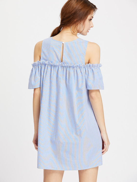 Embroidered Yoke Open Shoulder Frill Detail Striped Dress