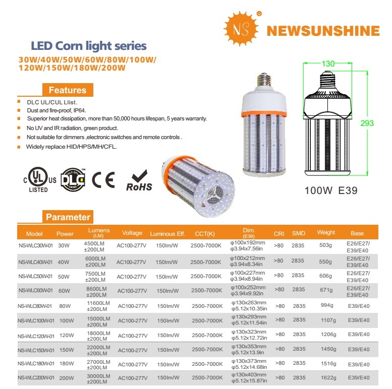 120W IP64 LED Corn Bulb Outdoor Street Light E26 E27