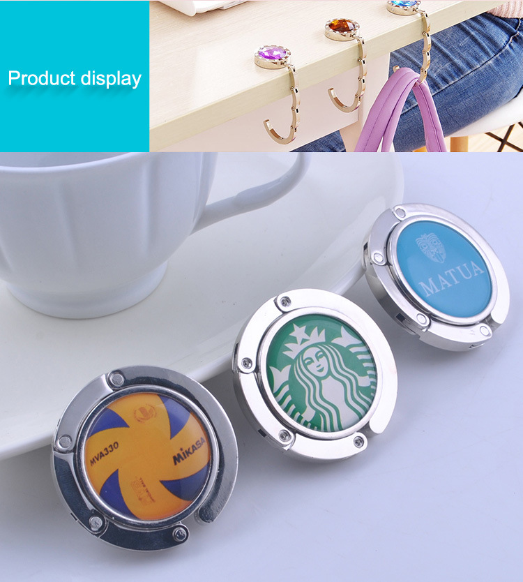 Newest Wholesale Fashion Accessories Custom Logo Blank Metal Gold Crystal Table Top Purse Hook Clothe Purse Hanger Foldable Bag Holder Hanger for Promotion Gift