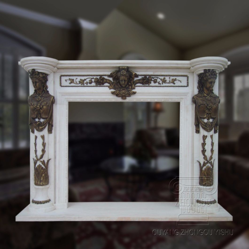 Marble Fireplace Mantel in White with Statues Bronze Casting