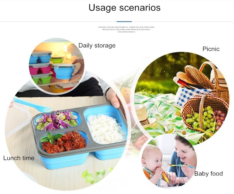 BPA Free 3 Holes Leakproof Foldable Silicone Bento Lunch Box with Fork