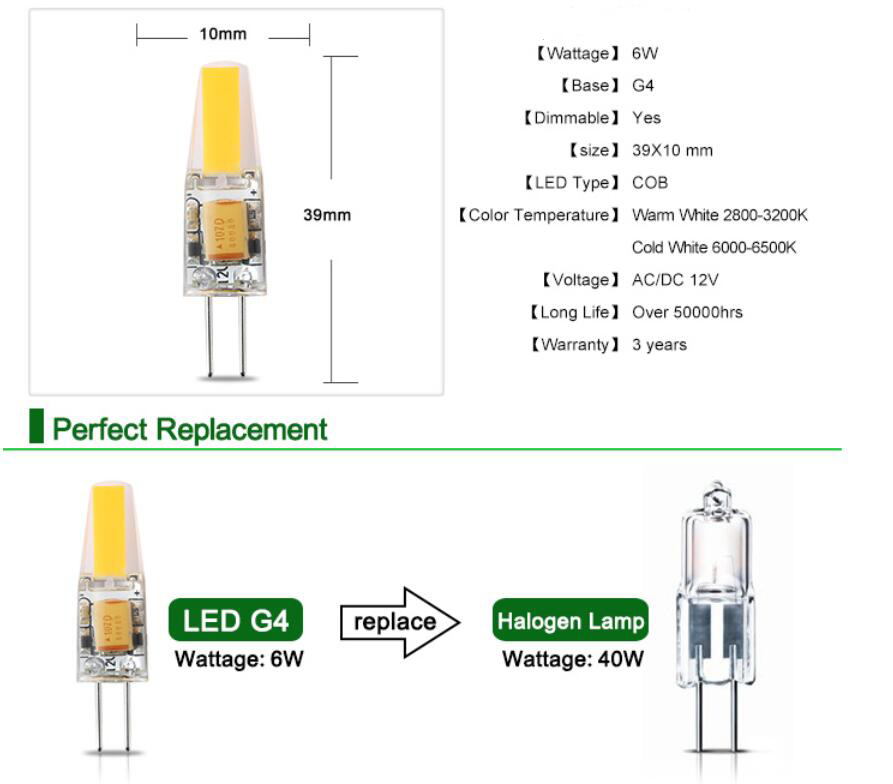 Mini G4 LED Lamp COB LED G4 Bulb 3W 6W AC/DC 12V LED Light Dimmable 360 Beam Angle Chandelier Lights Replace Halogen Lamps