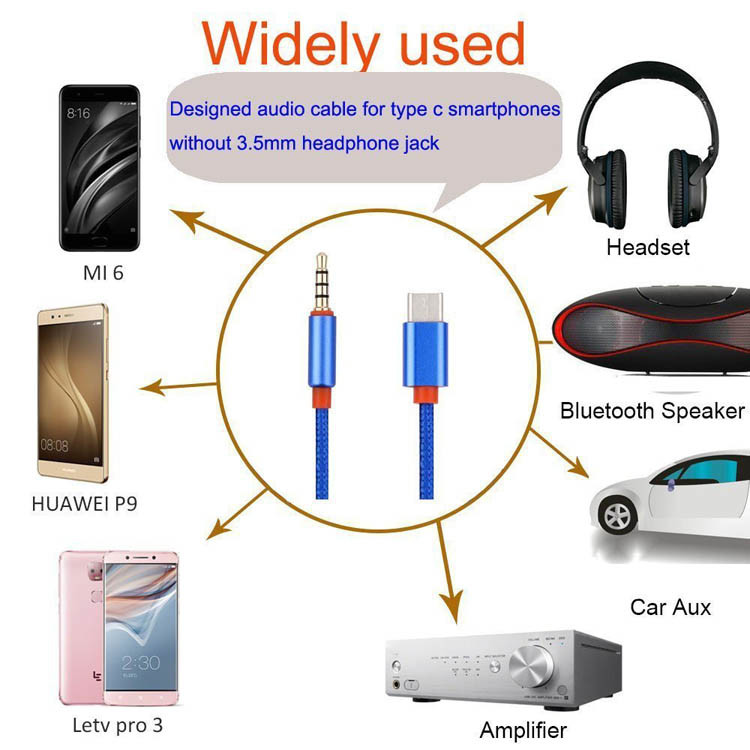 Custom Stereo 3.5mm to Type C Speaker Cable with Blue Mesh