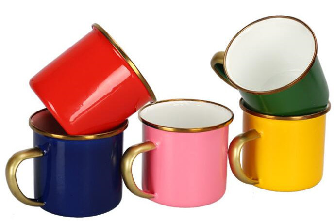 Design Ceramic Mug Colorful Enamel Coffee Mug with Stainless Steel Rim