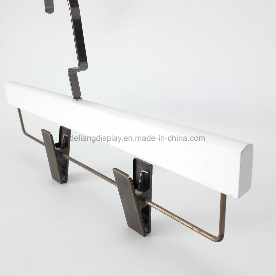 Hanger Wooden Pants Hanger in White Color with Metal Clips