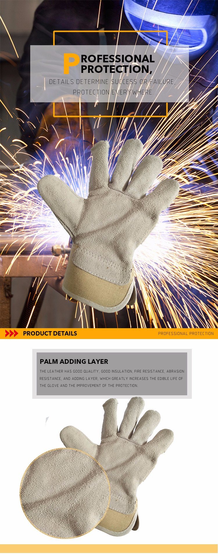 10.5 Inch White Color Welding Gloves Cow Split Leather Work Glove Leather Cotton Safety Gloves