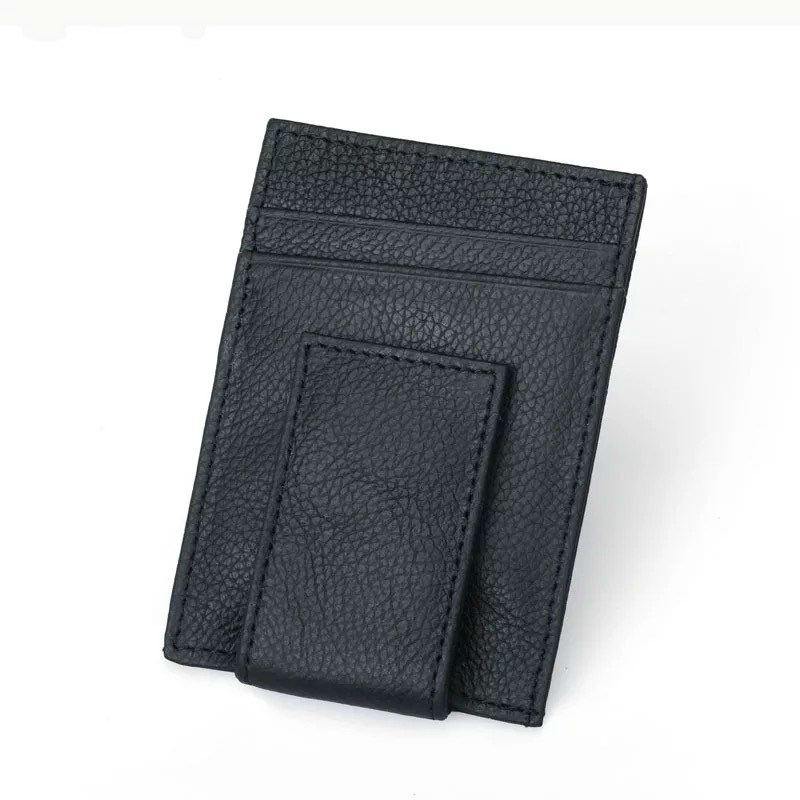 Genuine Cow Leather Anti RFID Credit Card Holder Wallet with Magnet Money Clip