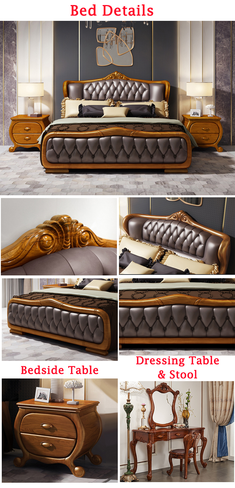 2018 Italian Style Solid Wood Leather Bed for Bedroom (HC630)